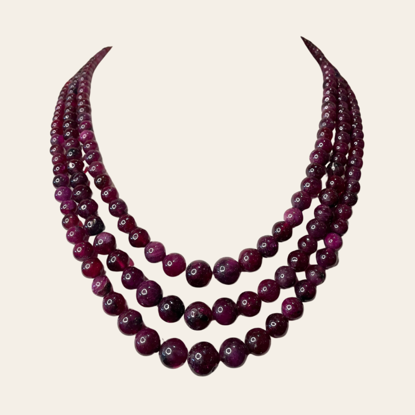 Gros Collier de Rubis d'Afrique  - 3 Fils Rouge Bourgogne & Prune