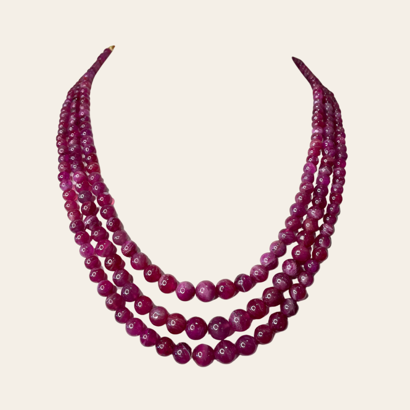 Collier de Rubis en Boules Naturelles  - 3 Fils Rouges Contrastés Vif-Pourpre-Prune
