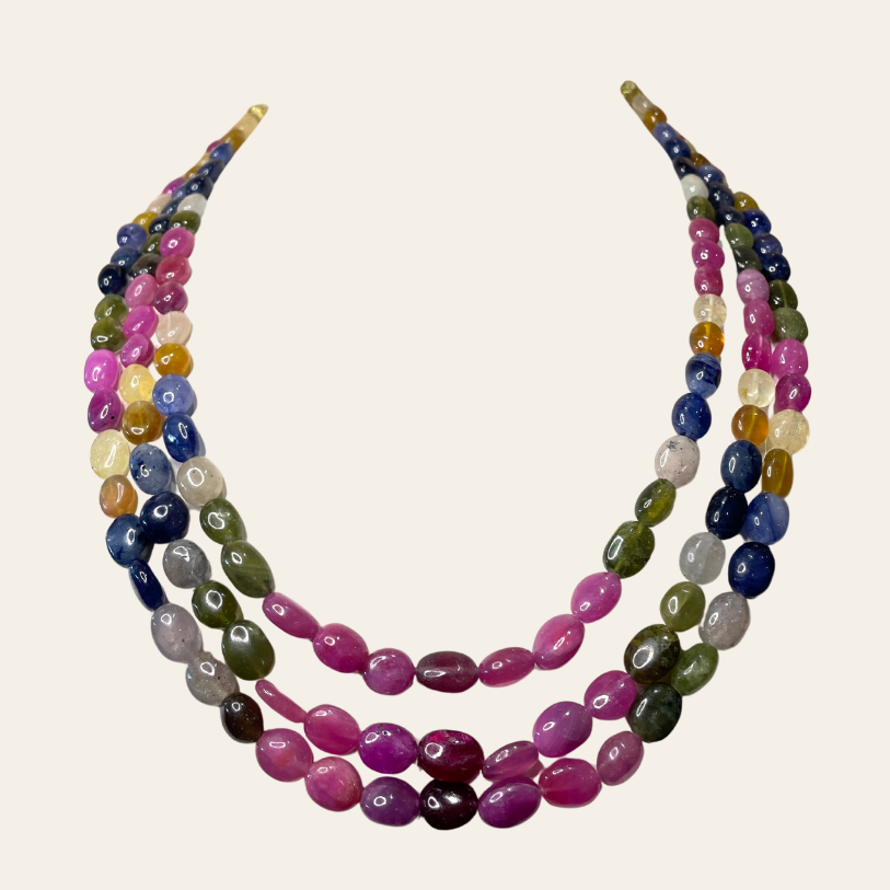 Gros Collier Arc-en-Ciel de Saphirs & Émeraudes Naturelles - 3 Fils JBVR
