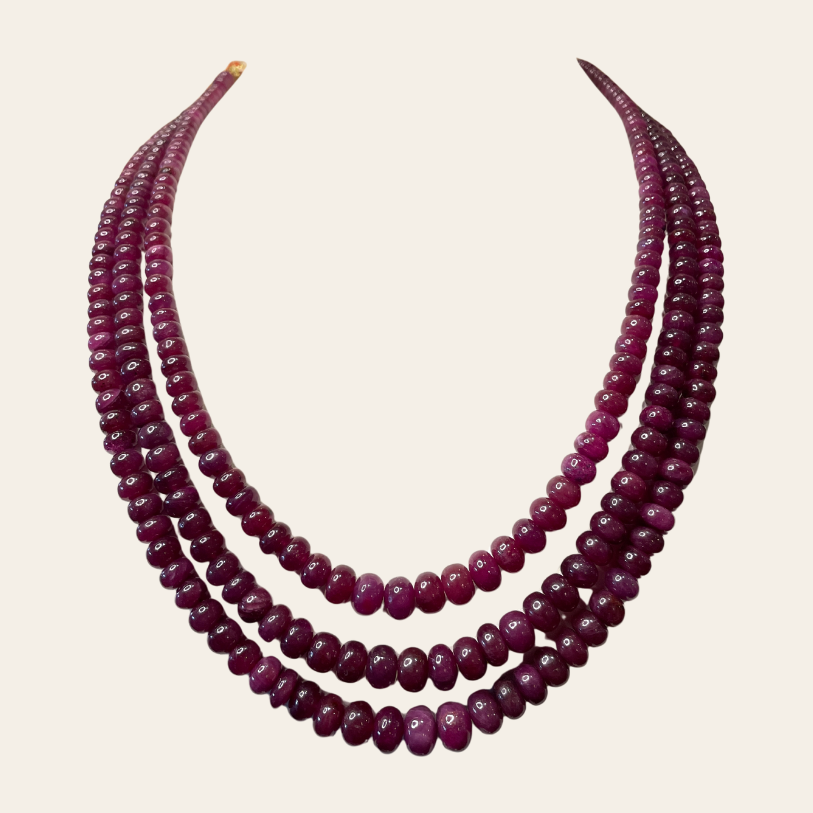Collier Rubis d'Afrique  - 3 Fils Boules Donuts Couleur Prune