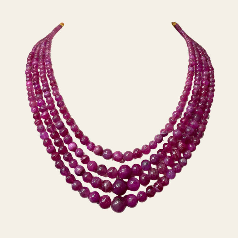 Collier de Rubis en Boules Naturelles  - 4 Fils Rouges Contrastés Vif-Pourpre-Prune