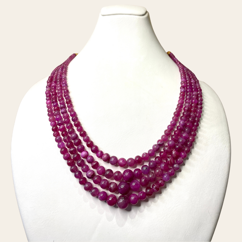 Collier de Rubis en Boules Naturelles  - 4 Fils Rouges Contrastés Vif-Pourpre-Prune