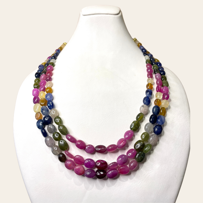 Gros Collier Arc-en-Ciel de Saphirs & Émeraudes Naturelles - 3 Fils JBVR