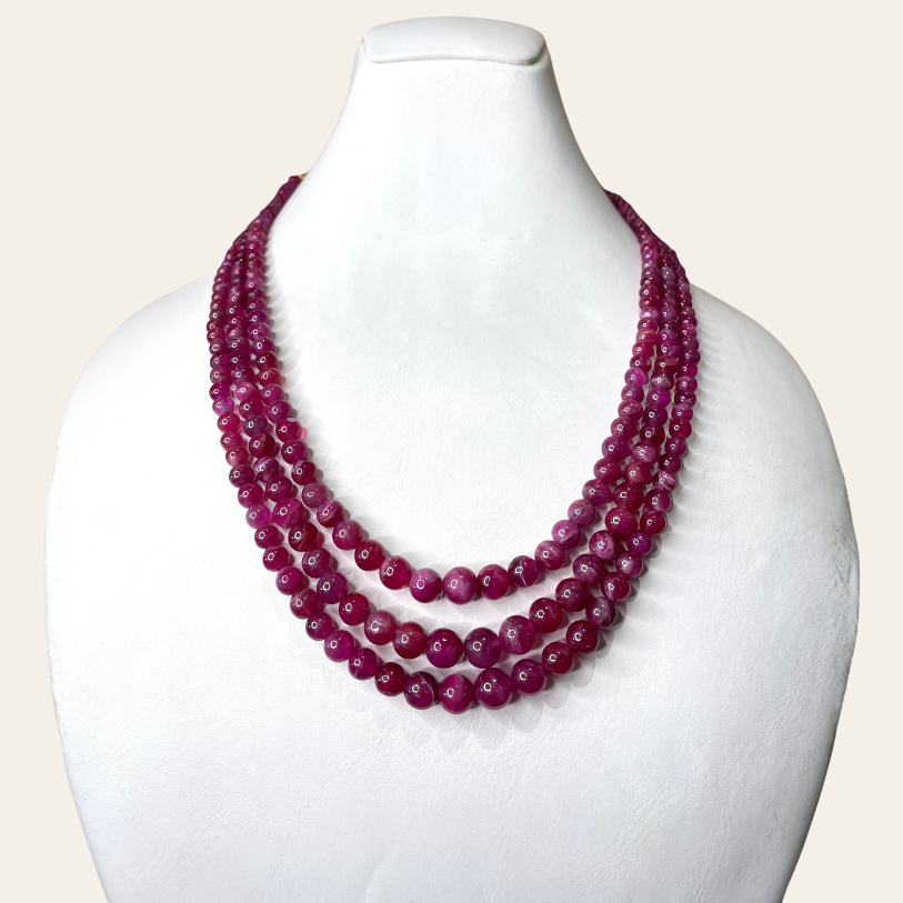 Collier de Rubis en Boules Naturelles  - 3 Fils Rouges Contrastés Vif-Pourpre-Prune