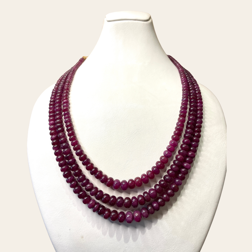 Collier Rubis d'Afrique  - 3 Fils Boules Donuts Couleur Prune