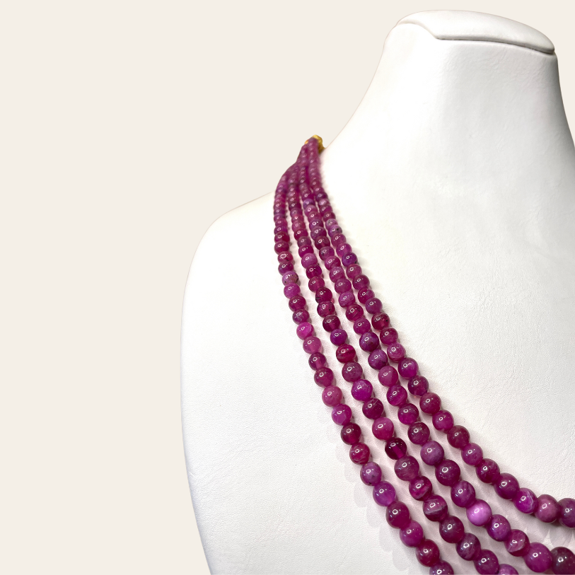 Collier de Rubis en Boules Naturelles  - 4 Fils Rouges Contrastés Vif-Pourpre-Prune