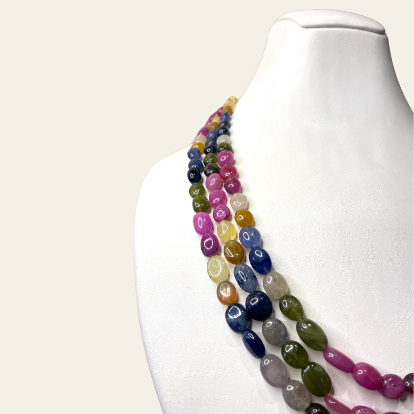 Gros Collier Arc-en-Ciel de Saphirs & Émeraudes Naturelles - 3 Fils JBVR