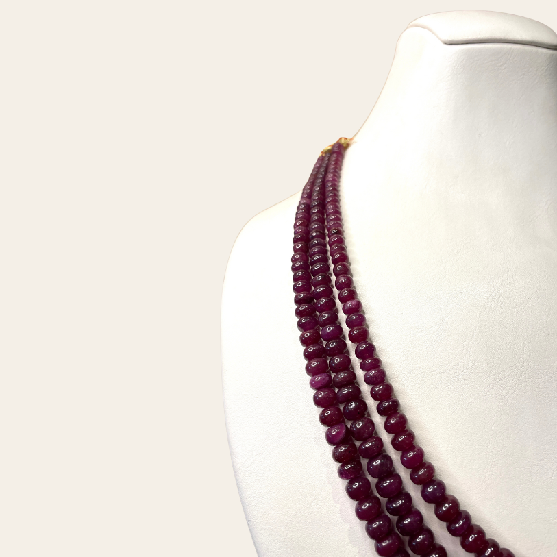 Collier Rubis d'Afrique  - 3 Fils Boules Donuts Couleur Prune