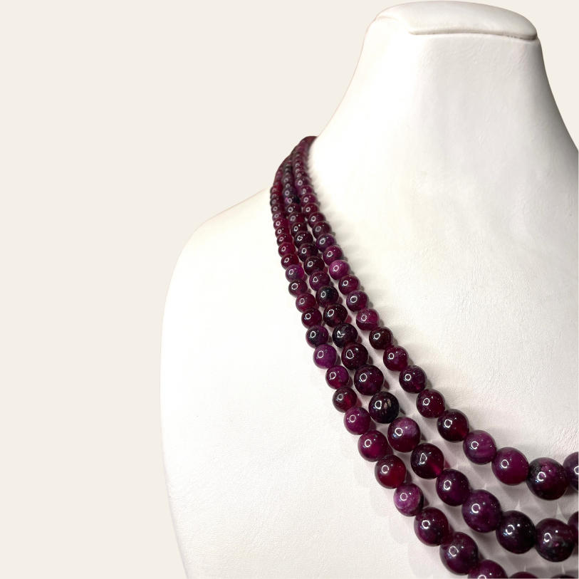Gros Collier de Rubis d'Afrique  - 3 Fils Rouge Bourgogne & Prune