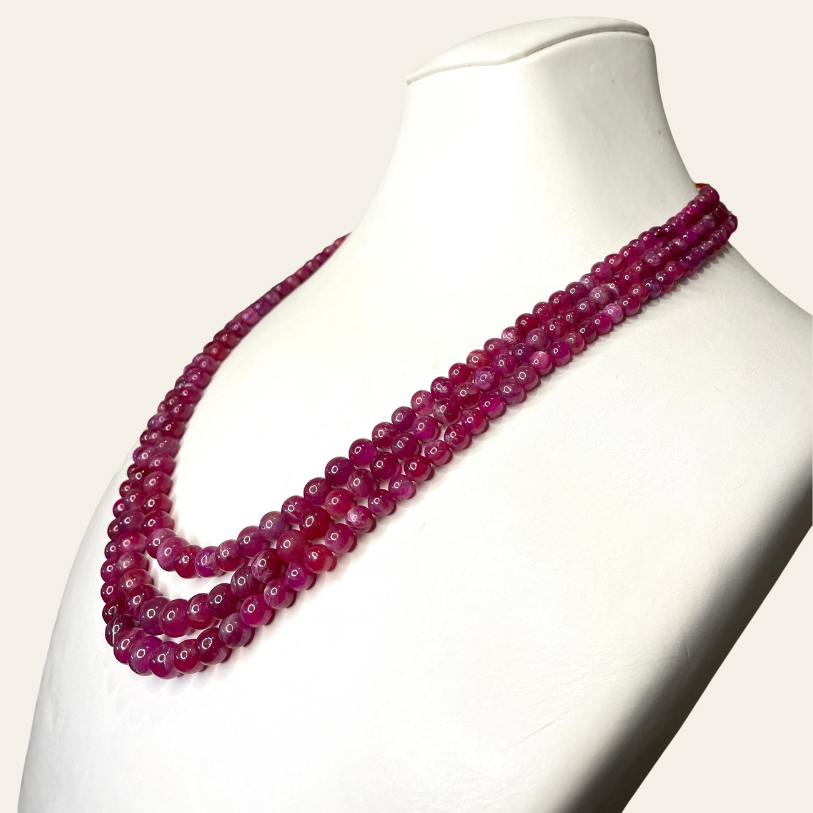 Collier de Rubis en Boules Naturelles  - 3 Fils Rouges Contrastés Vif-Pourpre-Prune
