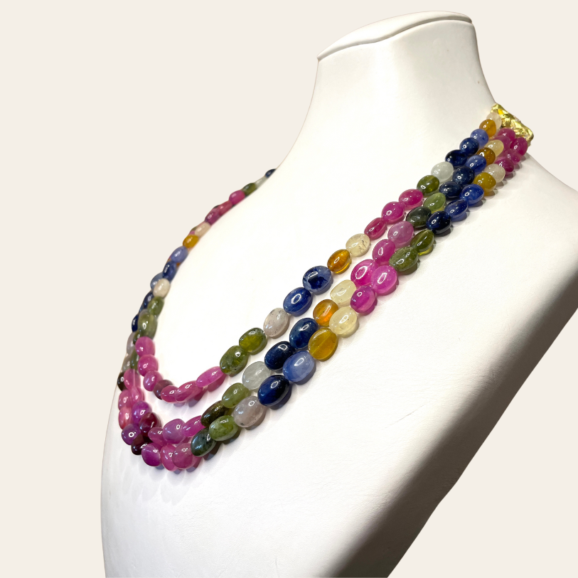 Gros Collier Arc-en-Ciel de Saphirs & Émeraudes Naturelles - 3 Fils JBVR