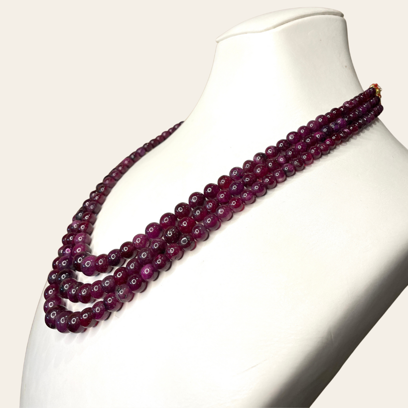 Gros Collier de Rubis d'Afrique  - 3 Fils Rouge Bourgogne & Prune