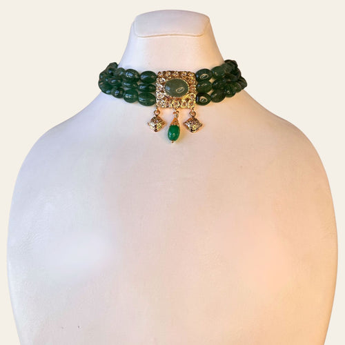 Chocker Émeraudes Naturelles avec Pendentif ARO Carré Rosace & Bllota Émeraude & Khmissat